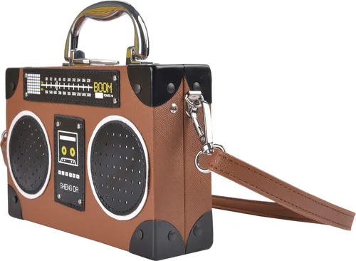 Miniatura 2 de QZUnique Bolso de hombro en forma de cinta con grabador de radio PU Crossbody bolso de noche retro para mujer, bolso de mano