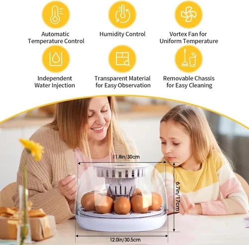 Miniatura 2 de ZEMIRO CHARGE Incubadora de 12 huevos para incubar huevos con girador automático de huevos, control de temperatura, adición automática de agua
