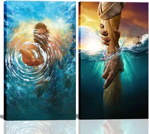 2 piezas enmarcadas de arte de pared de Jesús La mano de Dios Jesús alcanzando el agua Cristo religión lienzo decoración de pared océano azul Biblia