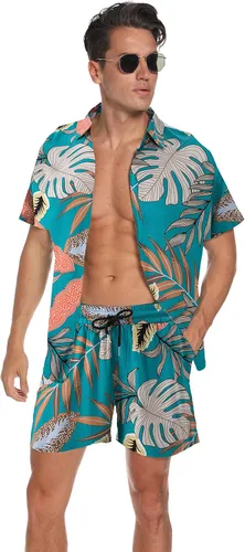 Atwfo Conjunto de camisa hawaiana y pantalón corto para hombre, conjunto de 2 piezas para vacaciones, casual, con botones, playa, trajes florales
