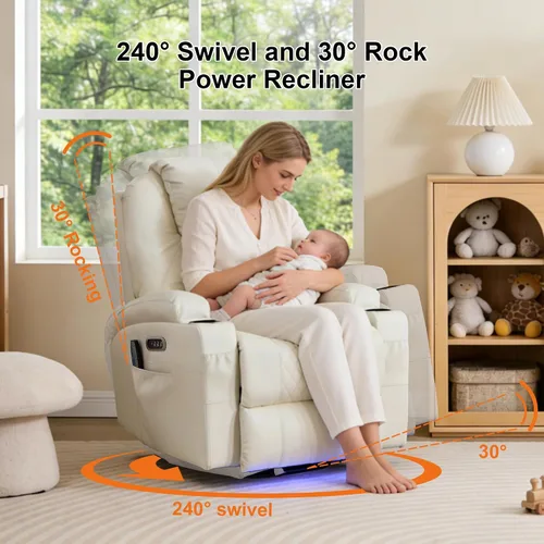 Miniatura 3 de Silla reclinable giratoria de doble motor para adultos con calor y masaje, mecedora eléctrica de pared para guardería, sala de estar con luces LED