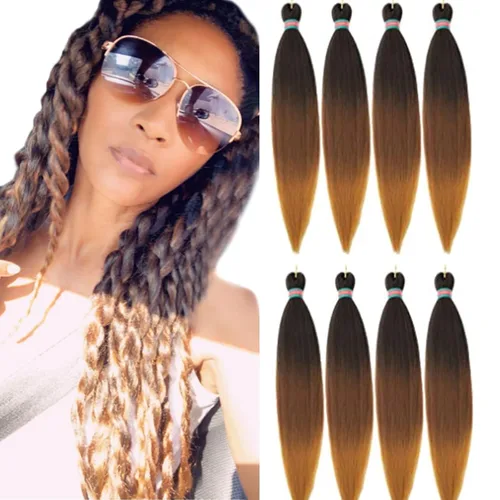 Miniatura 18 de Extensiones de cabello para trenzar verde+verde claro, preestiradas, 2 paquetes, con cabello plumoso pre-trenzado, extensiones de cabello