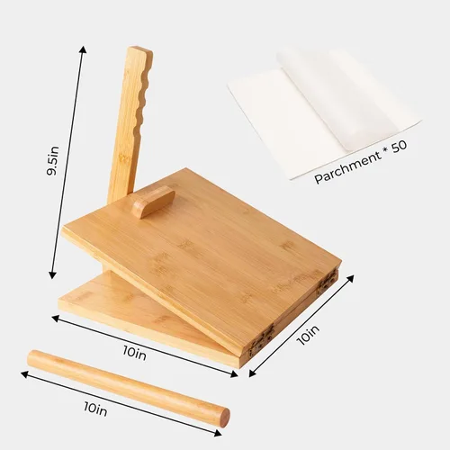 Miniatura 7 de Prensa de tortilla de madera de 10 pulgadas, con rodillo y 50 piezas de papel pergamino, para tortillera mexicana casera, roti, chapati, taco, Square