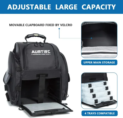 Miniatura 4 de AUMTISC Mochila para aparejos de pesca para hombres con 4 cajas de aparejos, 2 soportes para cañas, cubierta para lluvia, bolsas de equipo de pesca