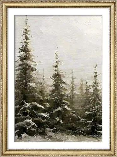 Miniatura 295 de MUDECOR Lienzo enmarcado prémium para pared, pinos nevados en bosque de invierno, ilustraciones modernas, arte contemporáneo, escénico, divertido