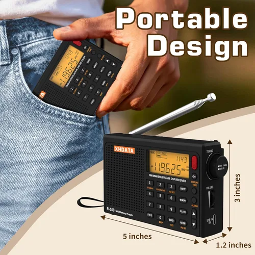 Miniatura 2 de XHDATA R108 Radio Portátil AM/FM/SW/LW/Airband Receptor de Onda Corta Radio Operado por Batería con Buena Recepción, Excelente Sonido Altavoz