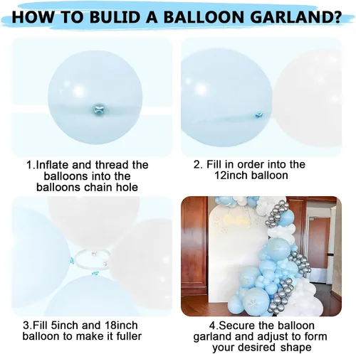 Miniatura 7 de Kit de arco de globos azules y blancos, 120 guirnaldas de globos azul claro pastel, globos de látex de 18, 12, 10, 5 pulgadas para niños