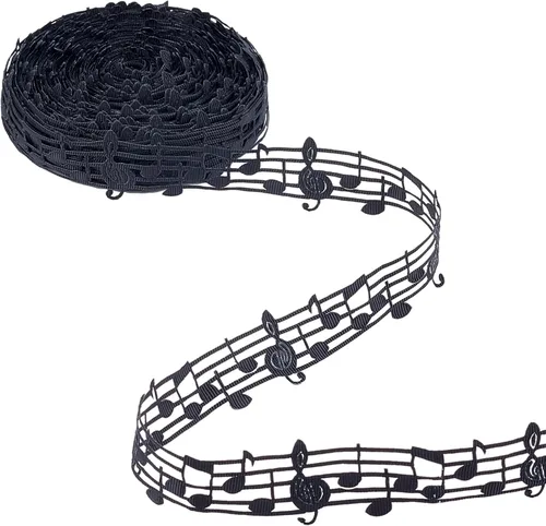 PH PandaHall Cinta de notas musicales de 10 yardas de 1-1/8 pulgadas, fonograma negro, cinta hueca de poliéster, accesorios para álbumes de