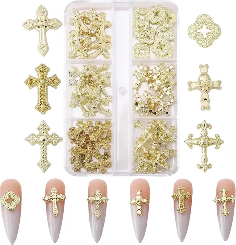 Miniatura 8 de Dijes de cruz 3D, 60 piezas de decoración de uñas de cruz de cristal dorado y plateado para arte de uñas, dijes de cruz de diamantes de imitación