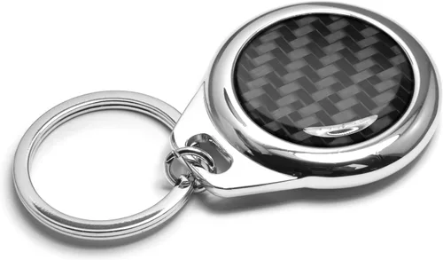 Miniatura 4 de iPick Image para Cadillac - Llavero con logo del escudo en fibra de carbono negra redonda, estuche metálico, llavero con licencia oficial Negro