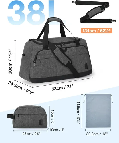Miniatura 6 de Bolsa de lona para viajes, bolsa de viaje BAGSMART de fin de semana, bolsa de viaje con bolsa de aseo personal, bolsa de zapatos, Gris oscuro, Viajes
