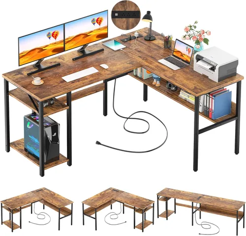 Unikito Escritorio para computadora en forma de L con tomas de corriente mágicas y puerto de carga USB, escritorio esquinero reversible resistente