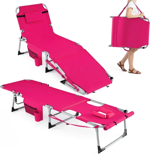 Miniatura 16 de Giantex Silla bronceadora, silla de playa de 330 libras con 5 posiciones ajustables, agujero para cara y brazo, correa para manos/hombros, almohada