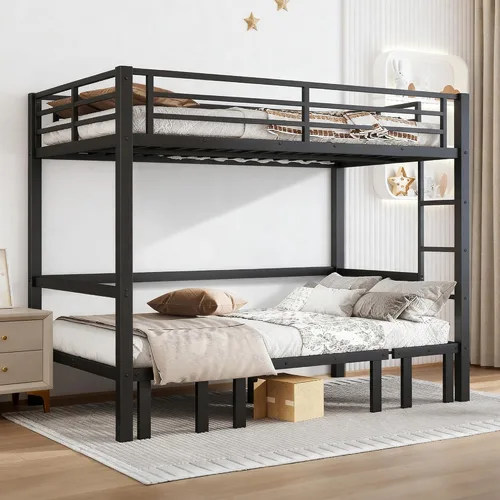 Miniatura 14 de Cama tipo loft de tamaño matrimonial con escaleras de almacenamiento integradas, armario, marco de cama alta de metal con barandilla lateral