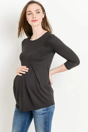 Miniatura 16 de LaClef - Blusa de maternidad para mujer, cuello redondo, manga 3/4, plisada al frente, estilo peplum