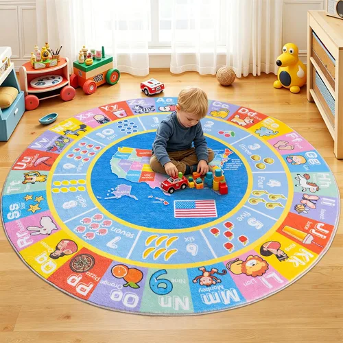 Miniatura 7 de Alfombras infantiles para sala de juegos, suave y antideslizante, alfombra educativa redonda de 4 x 4 pies para aprender alfabetos ABC, números