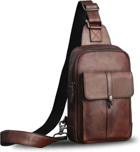 IVTG Bolso bandolera de cuero genuino para hombres y mujeres vintage de piel de vaca real mochila bandolera bolsa de pecho, Café, Mochilas Sling