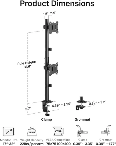 Miniatura 9 de monTEK Soporte Vertical Estable para Dos Monitores, Soporte de Escritorio Apilado para Dos Pantallas de 17-32 Pulgadas, Brazo de Movimiento Completo