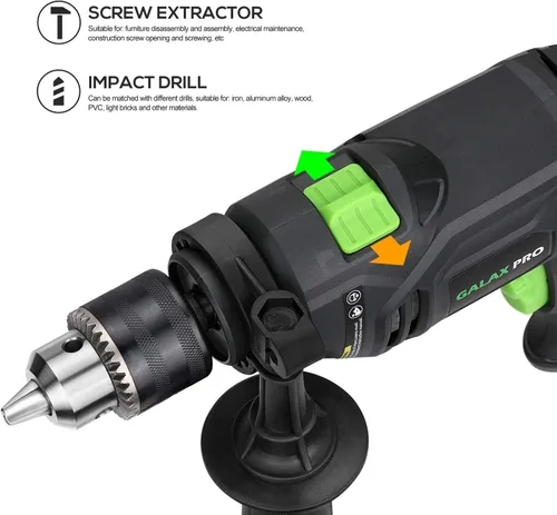 Miniatura 8 de GALAX PRO Taladro martillo de 5 amperios de 1/2 pulgada con 105 accesorios, velocidad variable 0-3000, martillo y taladro 2 funciones en 1, mango