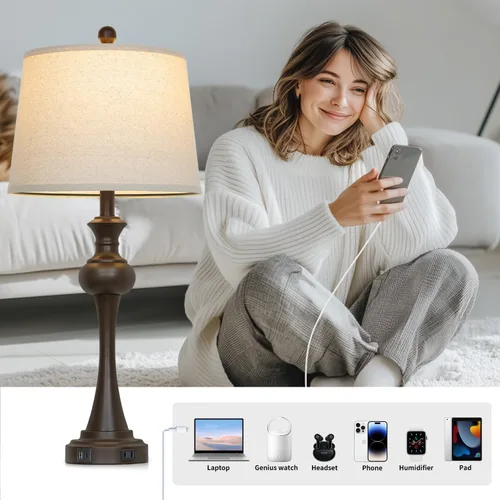 Miniatura 2 de CINSARY Lámpara de mesa marrón alta de 29", lámpara de noche con control táctil regulable en 3 vías con USB A+C y toma de corriente AC