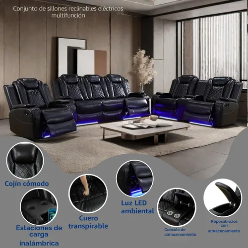 Juego de sillón reclinable eléctrico con luces LED, juego reclinable de cuero Air con puerto USB/cargador inalámbrico/consola de Negro
