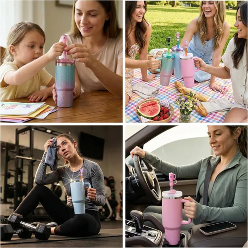 Miniatura 7 de 12 paquetes de pajitas brillantes de repuesto y fundas para taza de viaje Stanley Adventure de 40 oz, pajitas brillantes reutilizables con cepillo