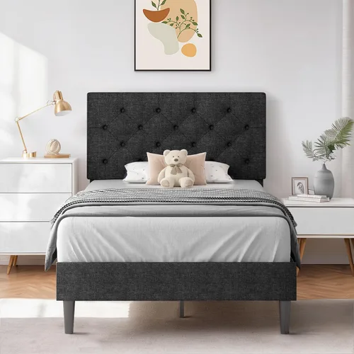Miniatura 28 de HOMBCK Marco de Cama Queen con Cabecera Capitoné con Botones, Marco de Cama de Plataforma Tapizada Azul, Tela Suave/Soporte de Listones de Madera/No