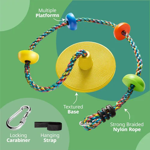 Miniatura 5 de Jungle Gym Kingdom Columpio de Árbol para Niños - Asiento de Disco Individual y Set de Cuerda de Escalada Arcoíris con Mosquetón y Correa de 2.6