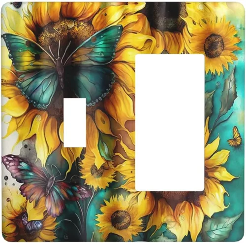 Miniatura 59 de Cubiertas de salida de girasoles amarillos, mariposas verdes y verde azulado de 1 banda, cubierta de interruptor de luz dúplex de 1 banda, placa