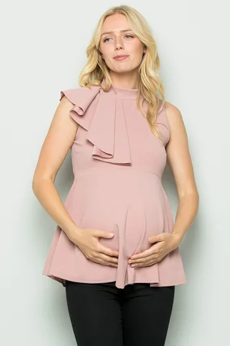 Miniatura 3 de My Bump Camiseta de maternidad con volantes laterales en cascada, cuello alto falso (fabricado en Estados Unidos)