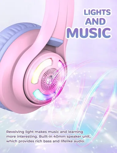 Miniatura 2 de iClever Cat Ear - Auriculares Bluetooth para niños, luces LED que se iluminan, volumen seguro limitado de 74/85 dBA, tiempo de reproducción de 50