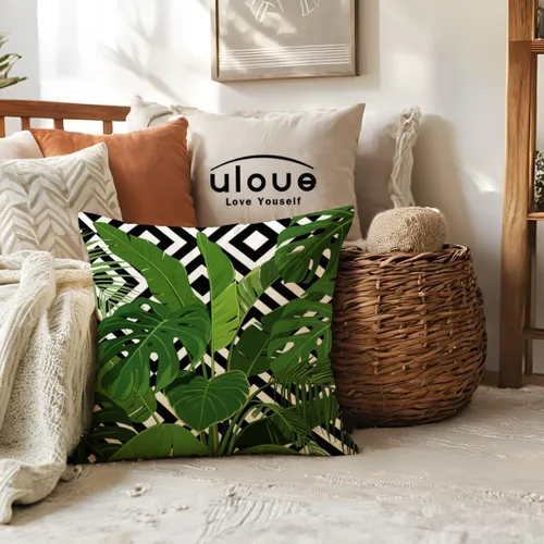 Miniatura 3 de ULOVE LOVE YOURSELF Paquete de 2 fundas de almohada cuadradas decorativas con diseño de hojas verdes tropicales con fondo geométrico, fundas