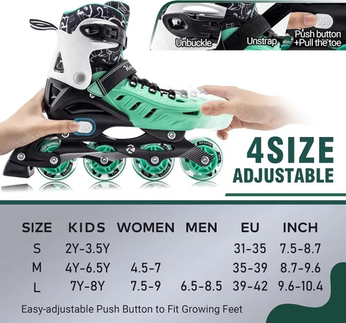 Miniatura 2 de Kuxuan - Patines en línea ajustables para niños, jóvenes y adultos, patines iluminadores con ruedas iluminadas Verde