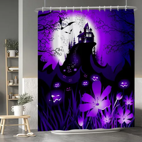 Miniatura 99 de Cortina de ducha de fantasma y gato negro para niños, 36 x 72 pulgadas, espeluznante y bonita, cortina de baño de Halloween con 6 ganchos, cortina