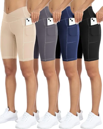 Miniatura 21 de WHOUARE Paquete de 4 pantalones cortos de yoga con bolsillos para mujer, cintura alta, atléticos, correr, entrenamiento, gimnasio, control de abdomen