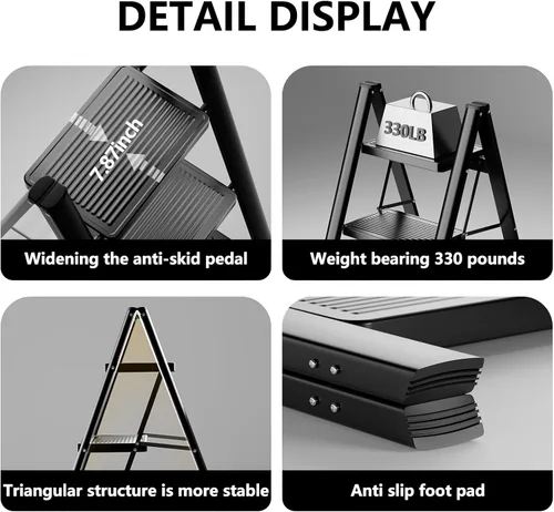 Miniatura 6 de Escalera plegable de 3 escalones, resistente taburete pequeño de 330 libras para adultos, escalera de armario con pedales anchos antideslizantes