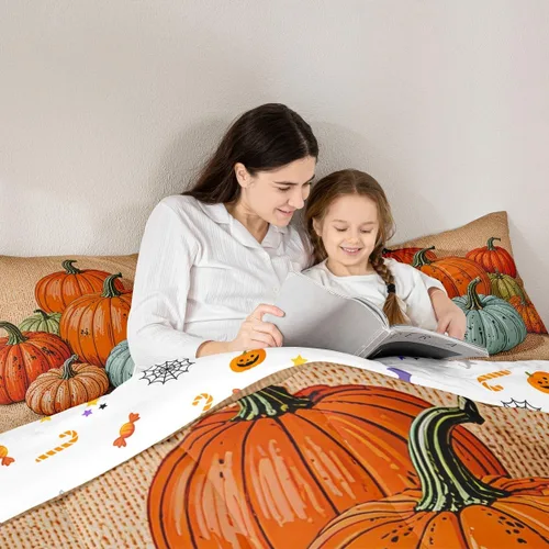 Miniatura 6 de Juego de edredón de calabaza para niños, edredón acolchado de calabazas de dibujos animados, tamaño individual, juego de ropa de cama a cuadros