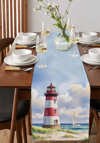 Miniatura 4 de Coastal Lighthouse - Camino de mesa rectangular de lino y algodón de 13 x 36 pulgadas, acuarela, cielo azul, mar, verano, playa, náutico, camino
