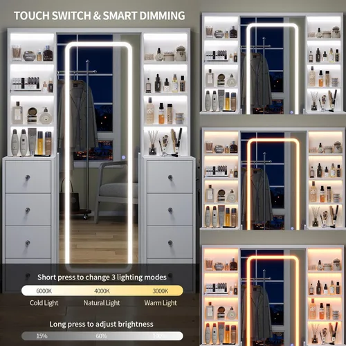 Miniatura 4 de Yanosaku Espejo LED de longitud completa de 47 x 65 pulgadas con toma de corriente, 8 cajones y 8 estantes para dormitorio/guardarropa, regulable e