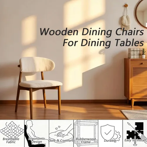 Miniatura 6 de Sillas de comedor tapizadas modernas, asiento de tela beige con patas de madera, sillas auxiliares de cocina contemporáneas, juego de 2