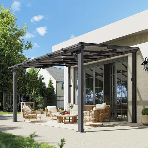 Miniatura 25 de Aoxun Pérgola de 8 x 5 pies para patio, cenador con techo inclinado, pérgola para parrilla grande montada en la pared, toldos resistentes