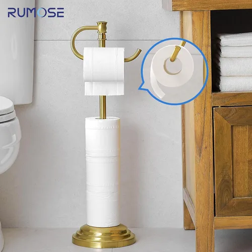 Miniatura 9 de Soporte para papel higiénico RUMOSE para piso, de oro cepillado ajustable (31.5 cm a 58 cm) Soporte de papel higiénico de baño, soporte de rollo