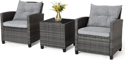 Miniatura 17 de RELAX4LIFE Juego de muebles de patio de 3 piezas, juego de conversación de mimbre con 2 sillones acolchados y mesa con tapa de cristal, juego