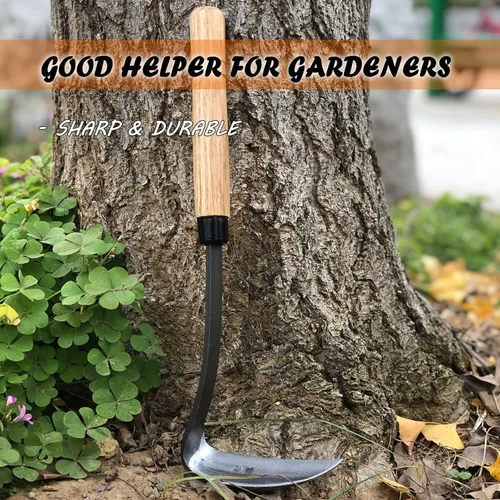 Miniatura 4 de Hoz de hierba japonesa azada de deshierbe herramienta de mano para jardín, acero de alta resistencia con mango de madera maciza (gris)