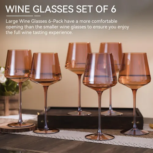 Miniatura 3 de Juego de 6 copas de vino marrón de 18 onzas, color ámbar oscuro, juego de regalo para fiestas, vasos de vidrio soplado a mano marrón para vino tinto