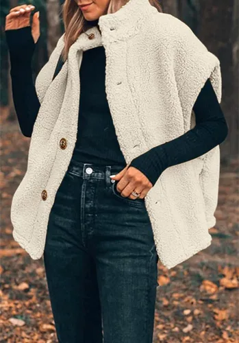 Miniatura 61 de Hongqizo - Chaleco de forro polar mullido para mujer, casual, de gran tamaño, cálido, con botones, chaqueta de sherpa con bolsillos