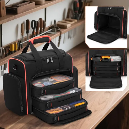 Miniatura 2 de Bolsa de herramientas Marscamd con 3 estuches extraíbles, bolsa de herramientas de 2 capas para herramientas manuales, negra con ribete rojo Negro