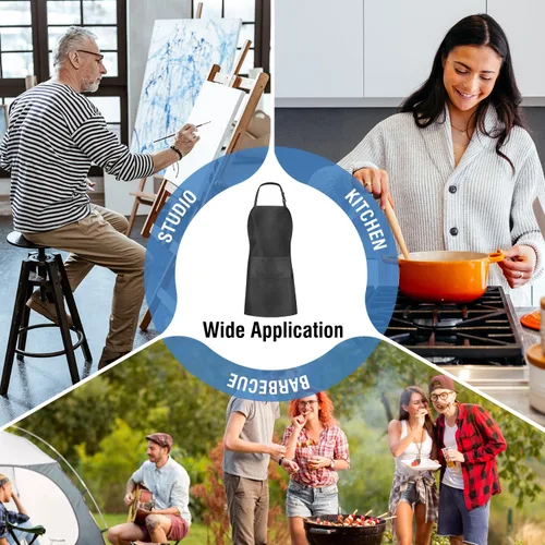 Miniatura 6 de Paquete de 2/8/20 delantales negros para cocinar, delantales de chef para mujeres y hombres con bolsillos, delantales ajustables a granel