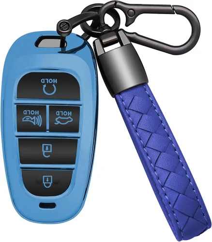 Miniatura 6 de Funda para llavero Hyundai, 5 botones, TPU suave con llavero de cuero, protección de 360 grados, funda para llave de automóvil, compatible con R