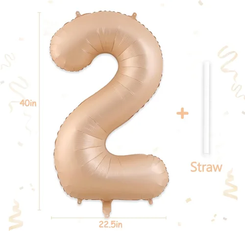 Miniatura 6 de Globos con el número 2, 2 globos, 2 globos de número 40 pulgadas, globos grandes de aluminio beige grandes para fiestas de cumpleaños, bodas, Beige 2